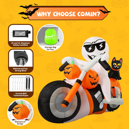 COMIN 6 FT Halloween Inflatables Ghost Outdoor Decorations Blow Up Yard Pumpkin Cat Motorcycle with Built-in LEDs for Indoor Party Garden Lawn Decor