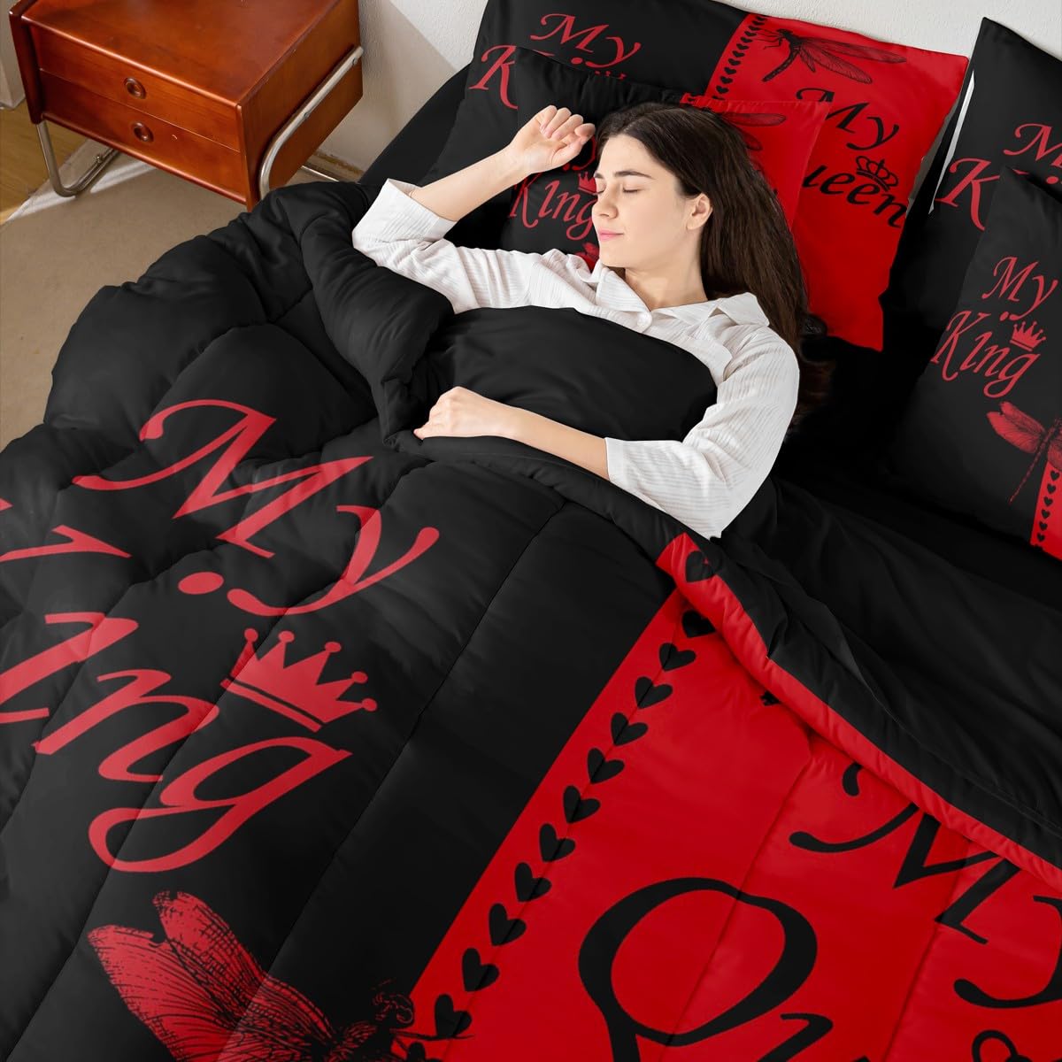 Dragonfly Bed in a Bag Queen Comforter Set 7 Piece | King and Queen Bedding Sets Couples Gifts for Men Women Comforter and Sheet Set, Aesthetic Red and Black Bed Sets,Valentines Day Decorations