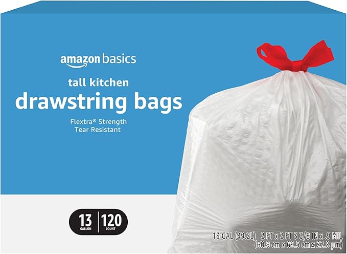 Amazon Basics Flextra Tall Kitchen Drawstring Trash Bags, 13 Gallon