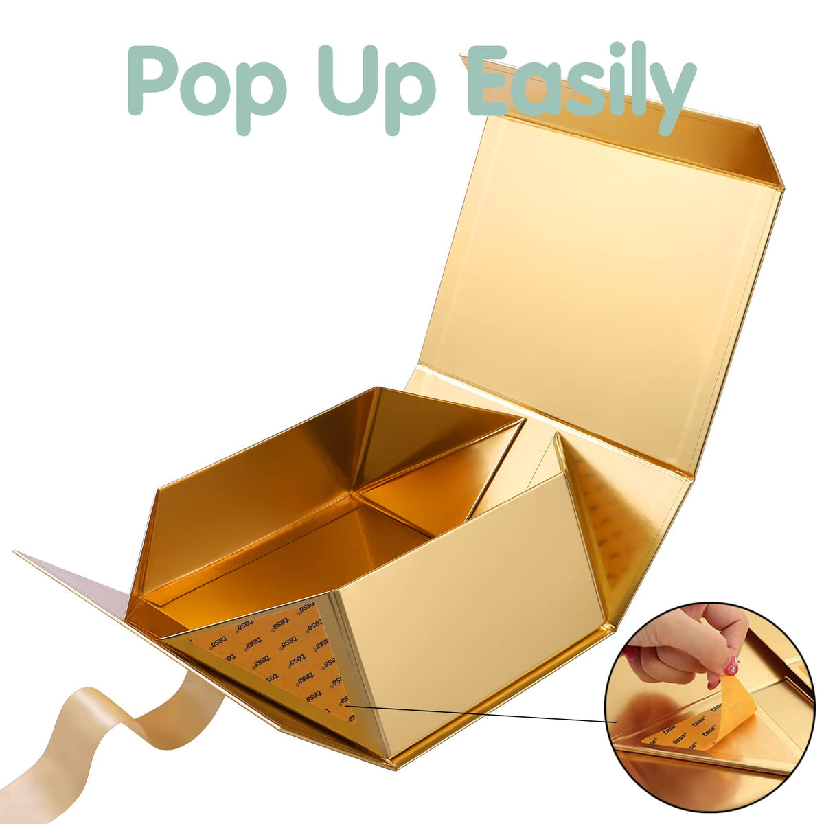 HAPPY POTATO 5 Gift Boxes with Ribbon 9x6.5x3.8 Inches, Gold Gift Boxes with Lids, Collapsible Boxes, Magnetic Closure Boxes for all occasion (Glossy Gold, Pack of 5)