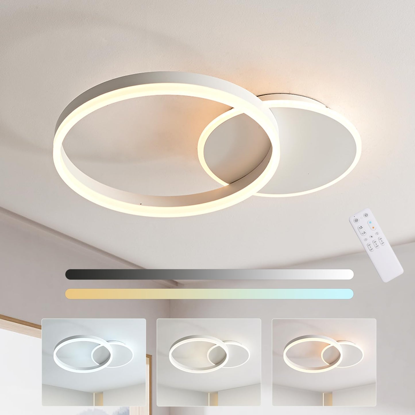 KAUCQI LED Ceiling Light, Creative LED Ceiling Lamp, 36W 3600lm, Dimmable with Remote Control 3000K-6000K, Modern Ceiling Lights for Living Room, Bedroom, Hallway, 2 Rings 55 * 40 * 6CM