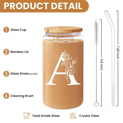SANDJEST Monogrammed Gifts for Women - Monogram A Initial Glass Cup 16 Oz Can Coffee Cups with Lid and Straw - Monogram Initials Gifts for Womens on Birthday