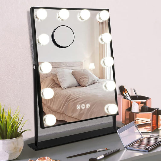 Hansong Vanity Mirror with Lights Makeup Mirror with Lights 12 Dimmable Bulbs Hollywood Lighted Makeup Mirror Detachable 10x Magnification 3 Color Lighting Modes