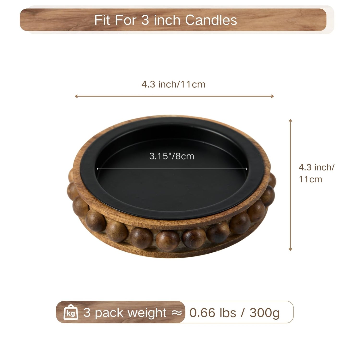 THORNIA Wooden Candle Holders for Pillar Candles, Set of 3 Acacia Wood Beaded Plate with Metal Cup Inserts, 4 Inch Rustic Farmhouse Tray Stand for Fireplace Mantel, Table Centerpiece Decor