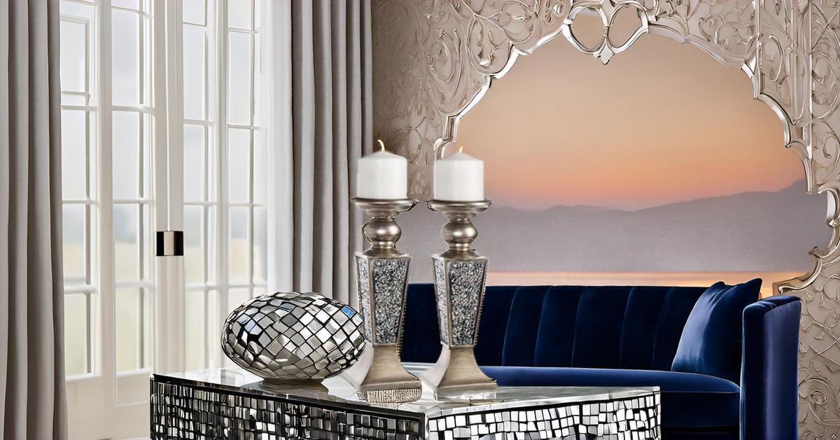 Creative Scents Schonwerk Silver Pillar Candle Holder Set of 2 - Crackled Mosaic Design - Centerpiece Table Decoration - Coffee Table Decor - Decoration Centerpiece for Living/Dining Room - Best Gift
