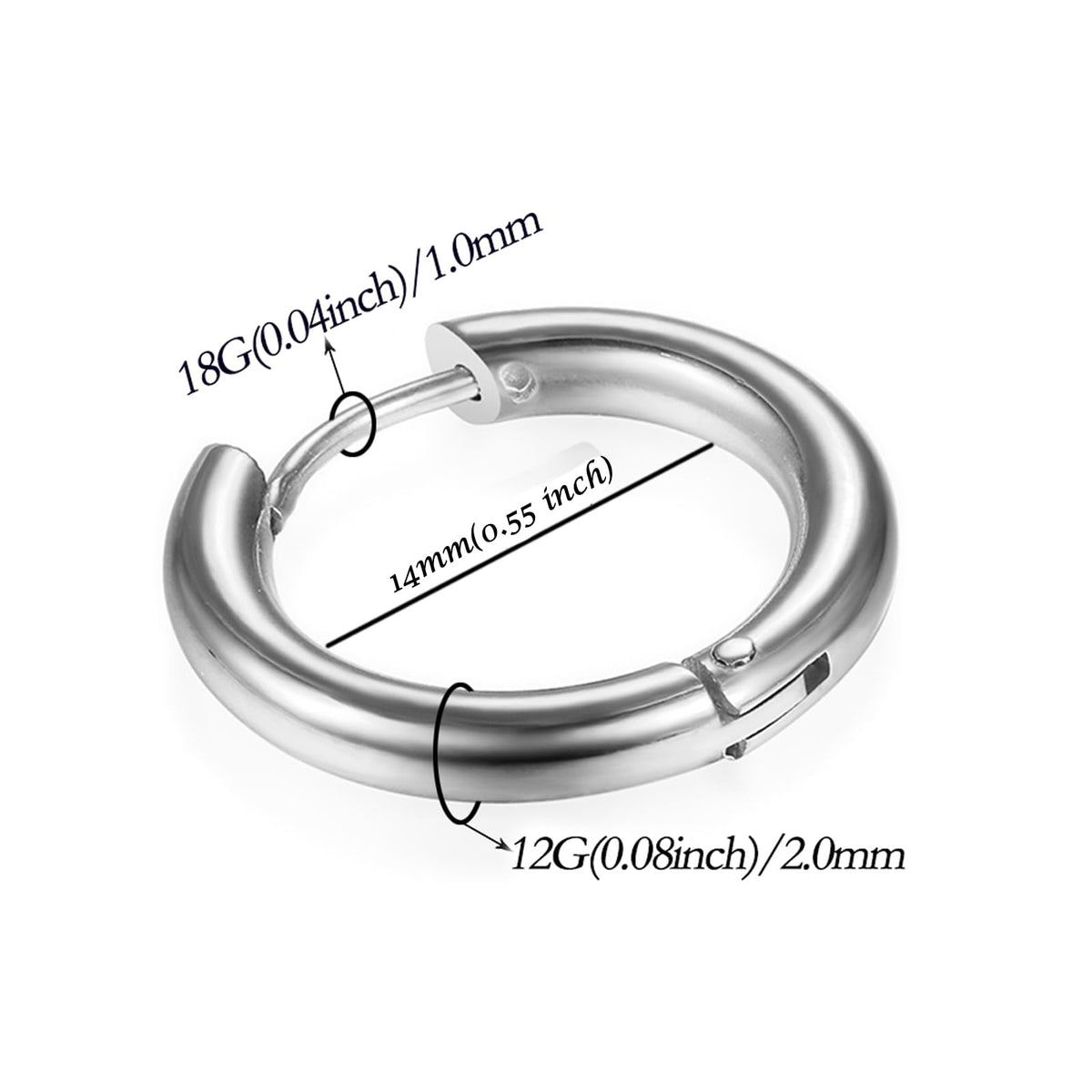 316L Surgical Stainless Steel Huggie Hoop Earrings 14mm Silver Hypoallergenic Earrings Hoop Cartilage Helix Lobes Hinged Sleeper Earrings For Men Women(F02:14mm Silver(THK 2.0mm))