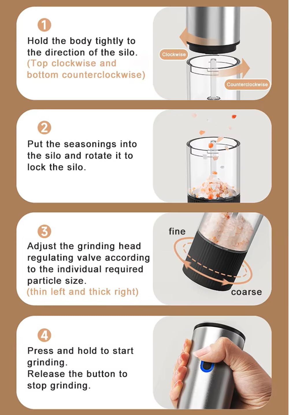 Electric Salt and Pepper Grinder, USB Rechargeable with Ceramic Grinding Mechanism, Adjustable Coarseness, One-Touch Operation, Stainless Steel and Black