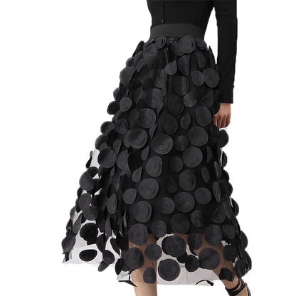 Tulle Skirt Women 3D Polka Dot Elastic Waist Mesh Flowy A-Line Midi Skirts Wedding Halloween Party Outfit (Black, One Size)