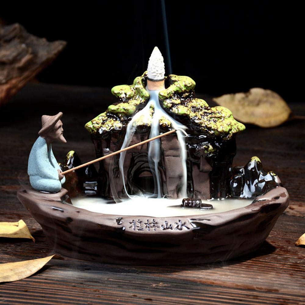 HEASEA Guilin Scenery Incense Burner, Ceramic Backflow Incense Holder with 10PCS Incense Cones for Home Decor Yoga