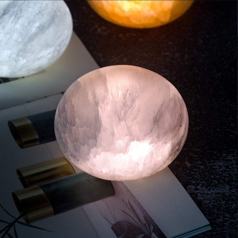 MIYA LIFE Selenite Lamp Hand Carved Stone Lamp Rechargeable Taplights Selenite Crystal Light with Dimmer (White/Warm/Yellow) for Bedroom Healing Natural Crystal Light (1 Piece, Round Taplight)