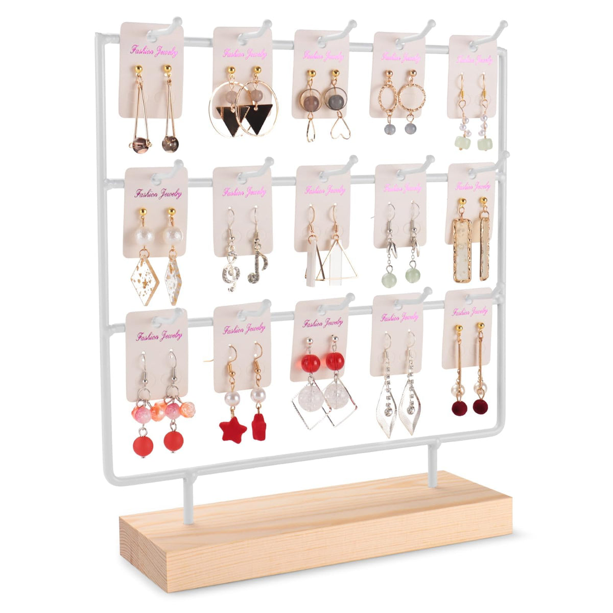 shidaishiye Earring Display Stand for Selling, Wood Earring Rack Tower Display Holder Stand (3 Tier,15 Hooks, White)