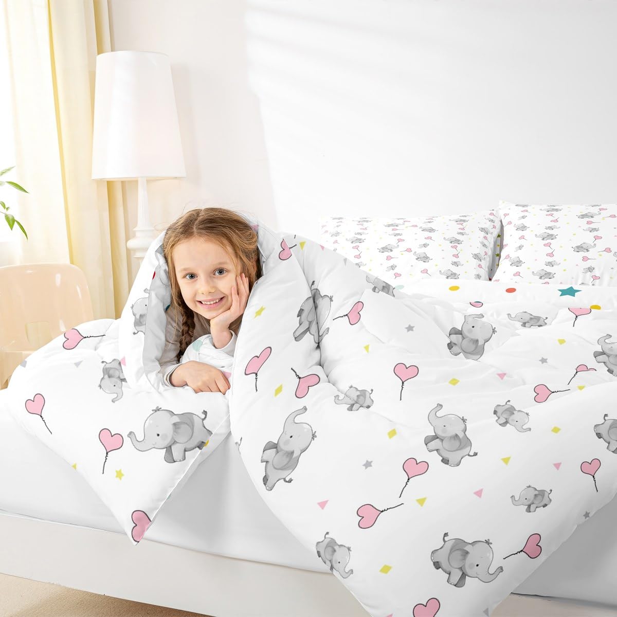 Erosebridal Lovely Elephant Comforter Set for Kids Girls Boys Teens Bedroom,Love Heart Down Comforter for All Season, Kawaii Animal Bedding Set, Cartoon Style Triangle Quilt Full Size