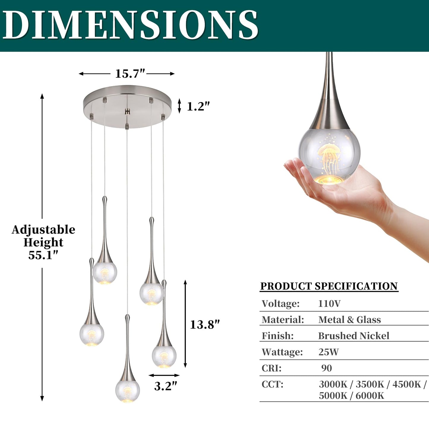 QueeuQ 5 Lights Crystal Raindrop Staircase Chandelier Pendant Lights,Modern Brush Nickel Chandelier Jellyfish Kitchen Island Light Fixtures,Dimmable Spiral LED Globe Ball Ligh for Dining Room