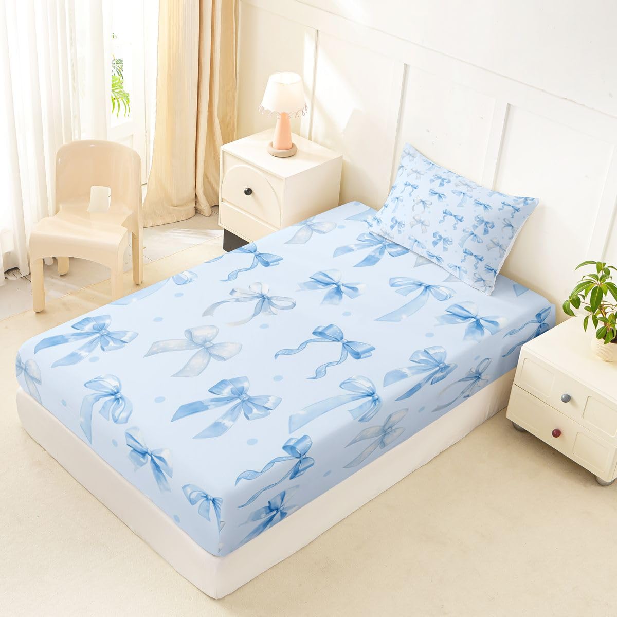 jejeloiu Cute Blue Bow Fitted Sheet with 1 Pillowcase Twin Size Ribbon Bow Knot Bed Sheets Set 16" Deep Pocket Boys Girls Dreamy Princess Bowknot Bedding Teens Bedroom Decor Breathable