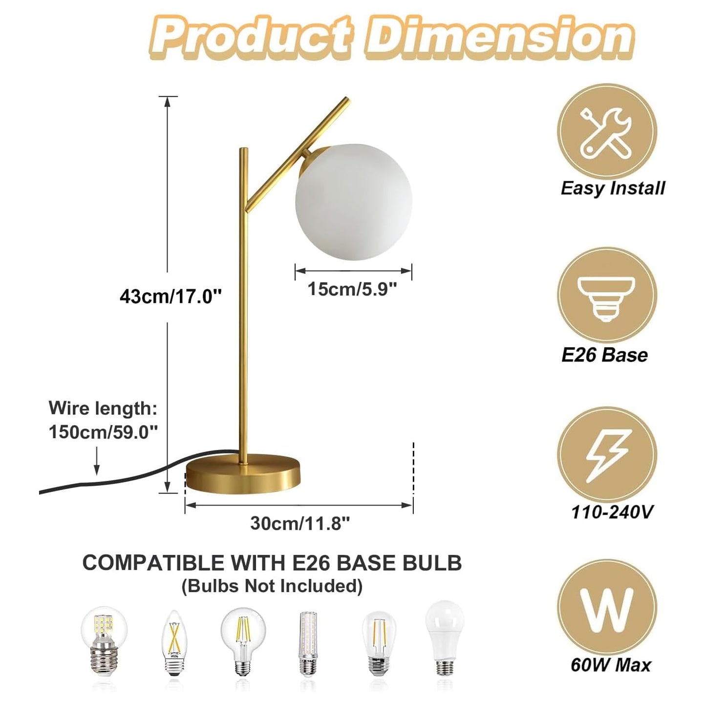 Fulesi Mid Century Modern Table Lamp, 1 Light Brass Glass Globe Bedside Lamp, Contemporary Metal Table Lamp with Milky White Glass shadefor Bedroom Living Room Study Room