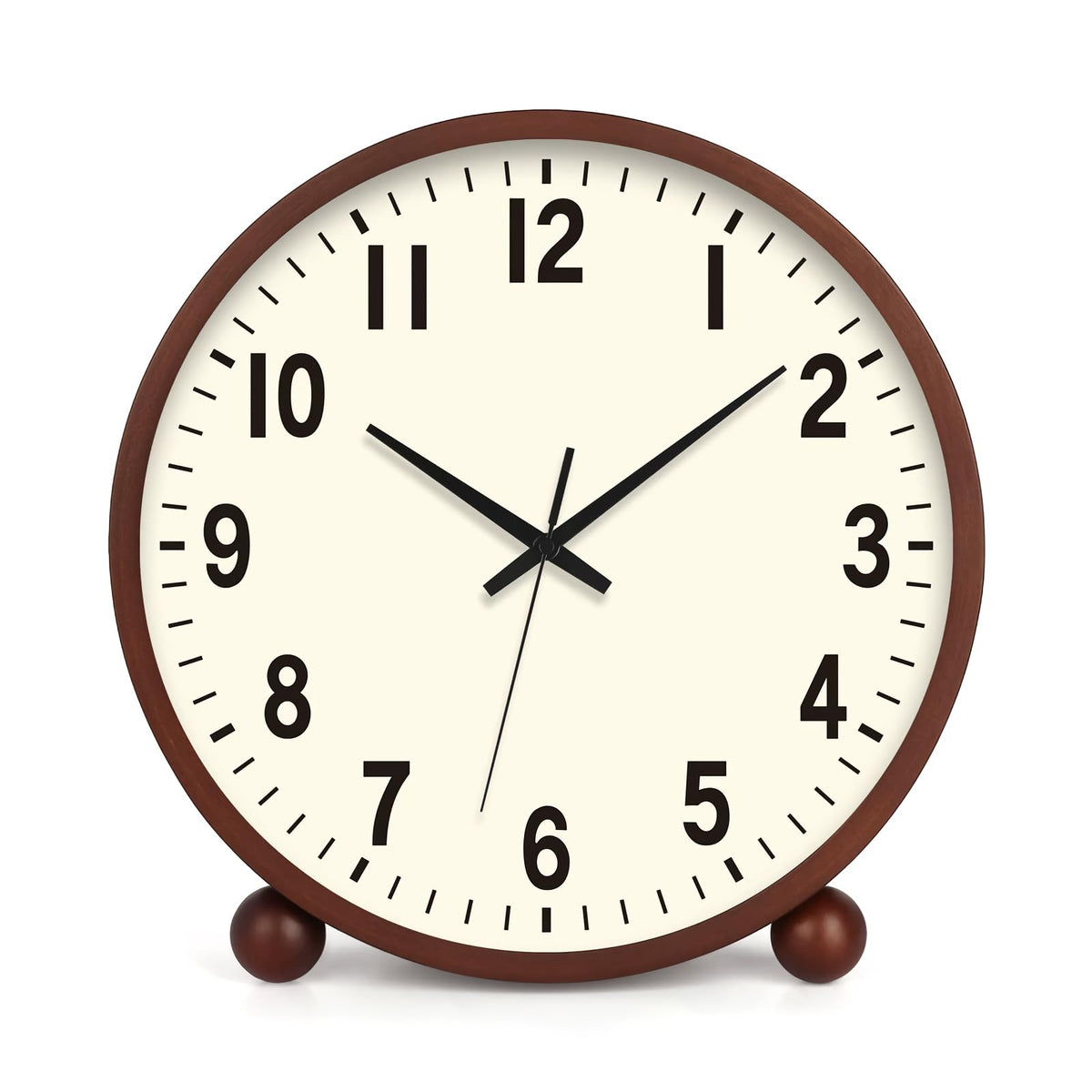 Maxspace Wooden Table Clock,8in Silent Non-Ticking Desk Clock,Battery Operated Desktop Analog Clock for Living Room Bedroom Kitchen Office Classroom Decor (Walnut - Cream Finish)