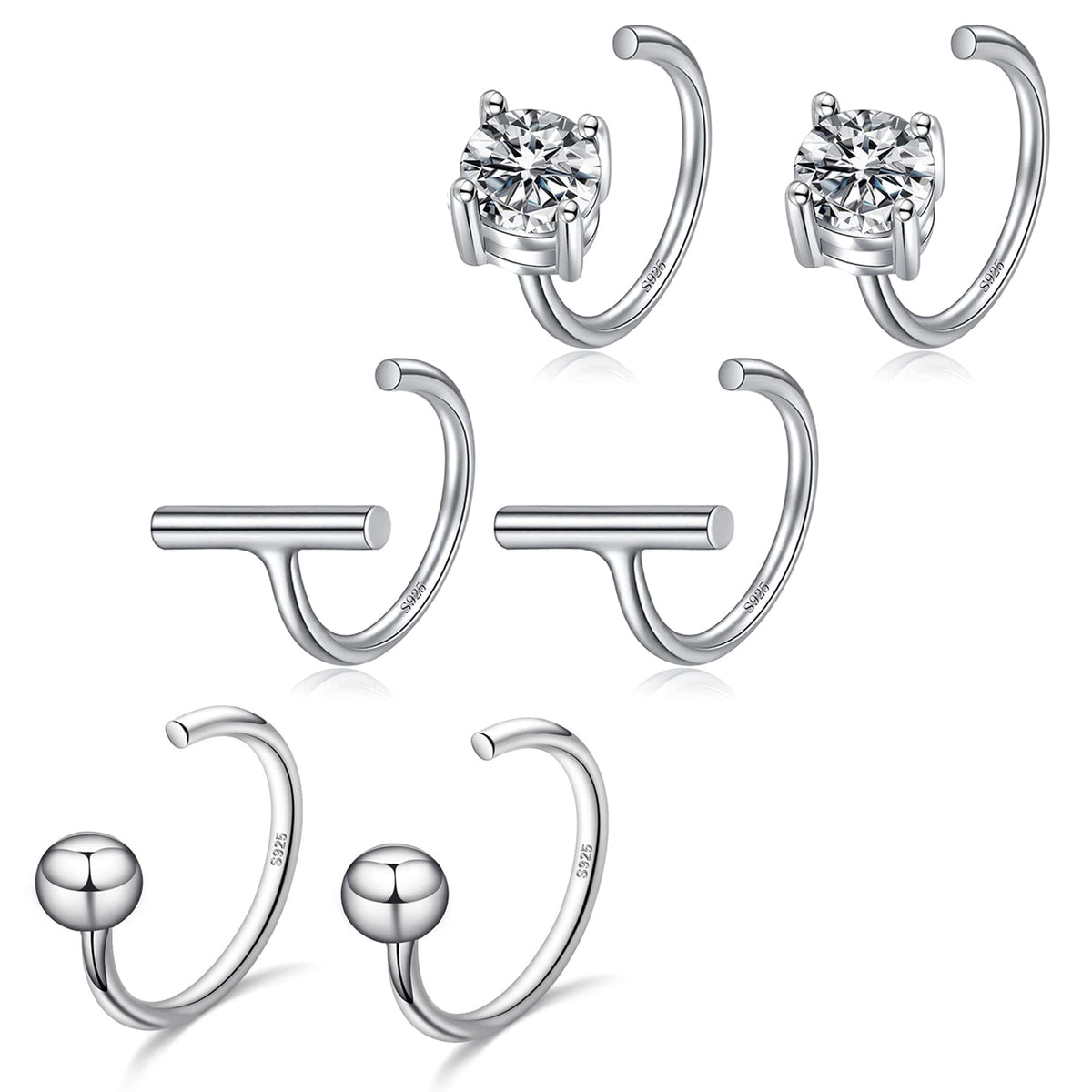 Half Hoop Earrings Set 925 Sterling Silver Bar Huggie Earrings Little Ball Huggie Hoops Cubic Zirconia Hugger Hoop Earrings for Women Open Hoop Earrings 3 pairs