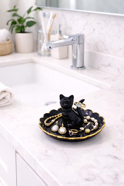 ROSA&ROSE Cat Ring Holder Trinket Tray Ceramic Jewelry Dish Porcelain Ring Organizer,Gift for Women,Girlfriend,Wife,Birthday or Anniversary(Black bow)