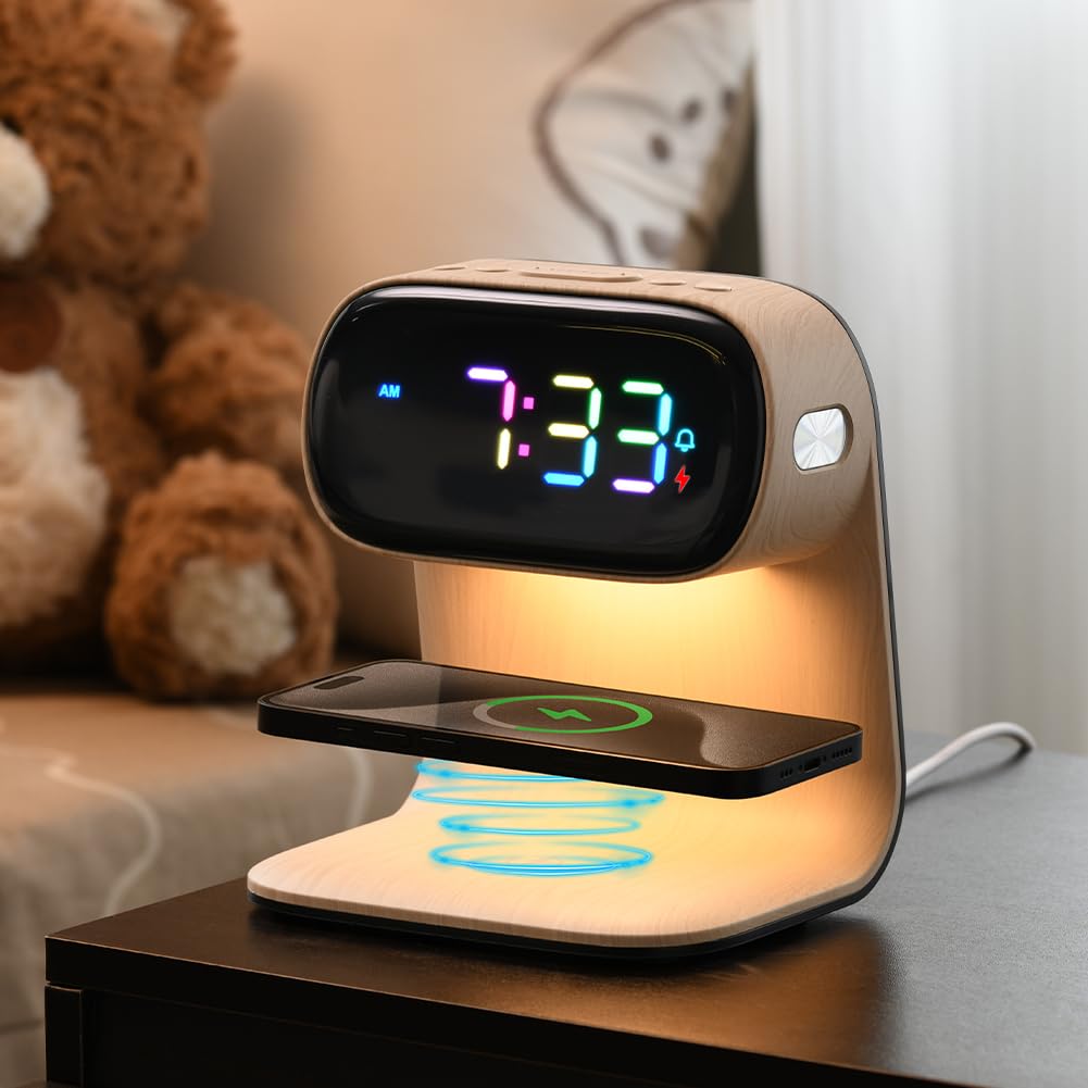 WILIT Digital Alarm Clock with Wireless Charging for Bedroom,Colorful LED Display,Dimmable Night Light with Snooze Function,Modern Bedsides Lamp Clock for Bedroom,Kids,Teens,Gift for Men, Women(Wood)