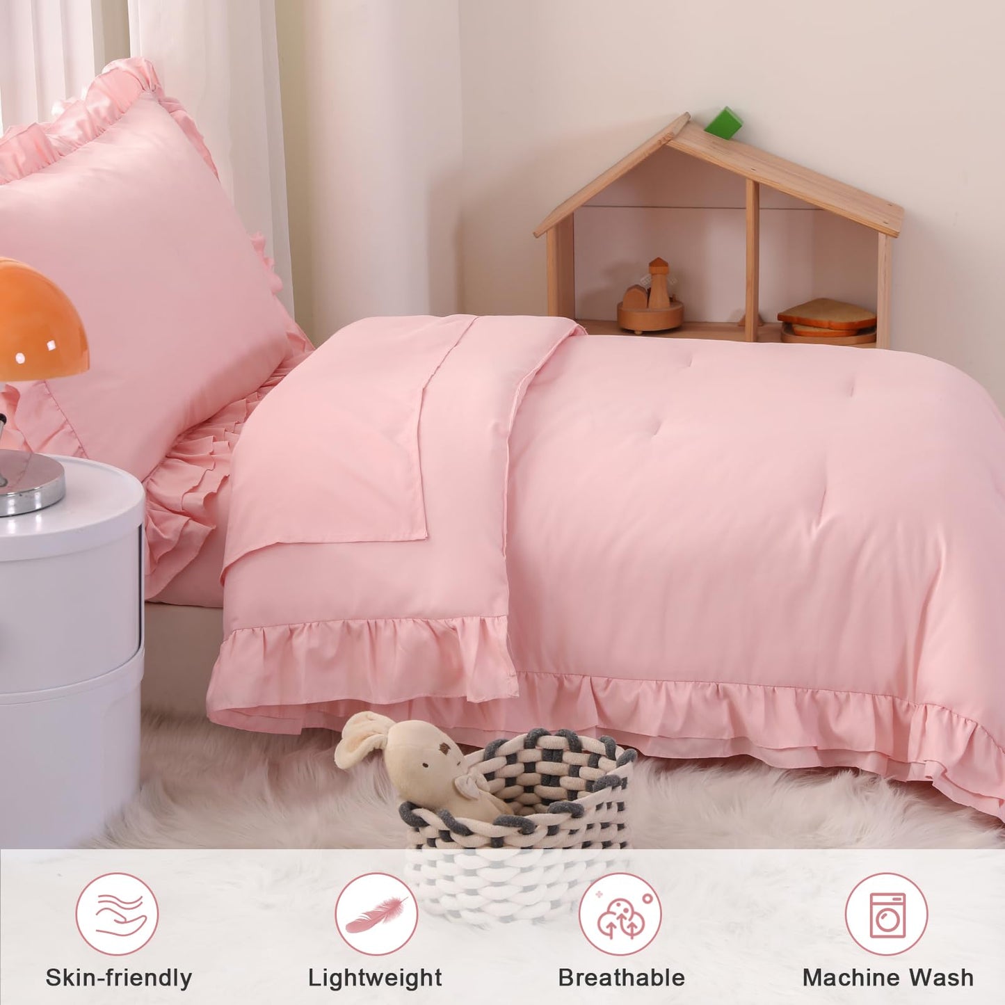 Wowelife Toddler Bedding Set for Girls, 4 Piece Double Ruffles Soft and Breathable Crib Bedding Set for Girls, Includes Quilted Toddler Comforter, Fitted Sheet, Flat Sheet and Pillowcase, Pink