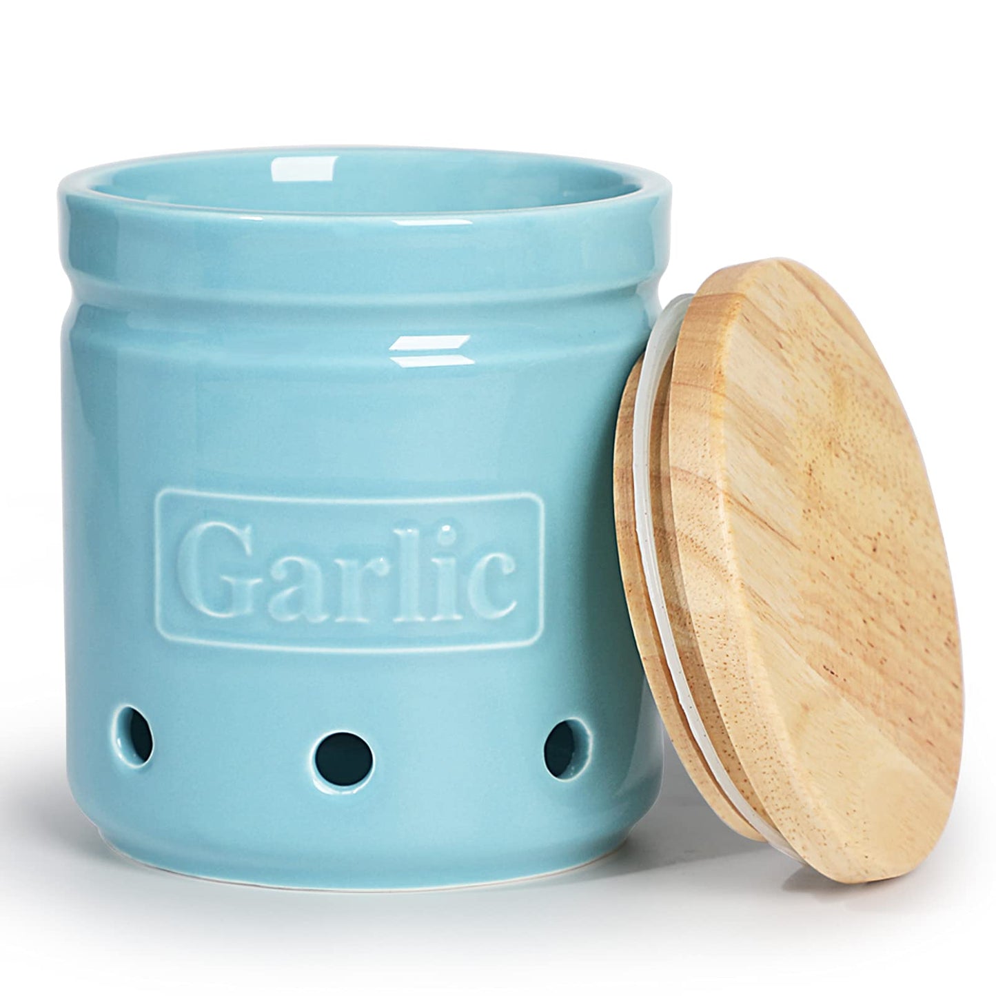 ONTUBE Garlic Keeper with Wooden Lid, 4.5-Inch Ceramic Garlic Holder 24oz (Turquoise)