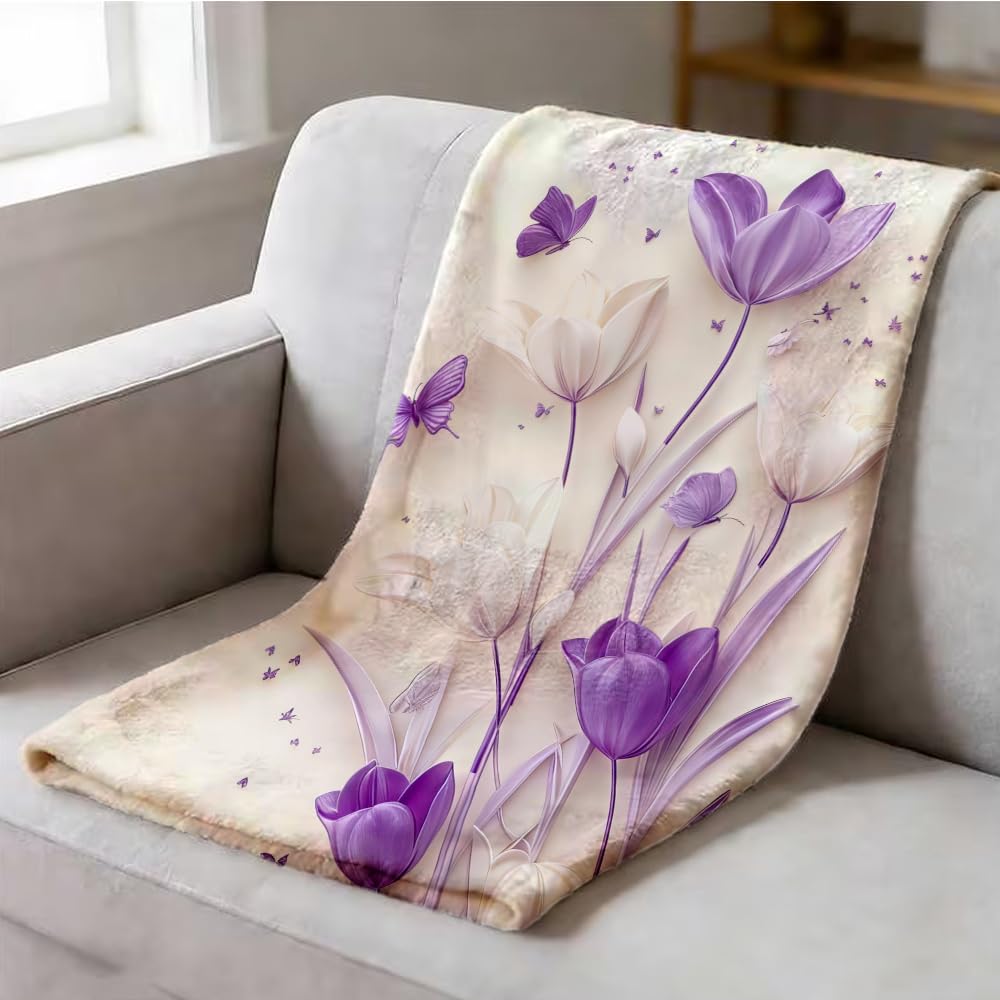 ZHOUSHUTONG White Purple Tulip Butterfly Flannel Throw Blanket, Soft Cozy Warm Plush Floral Blanket for Couch Bed Sofa, Elegant Flower Print Decorative Blanket, Gift for Women Girls 49"x59"