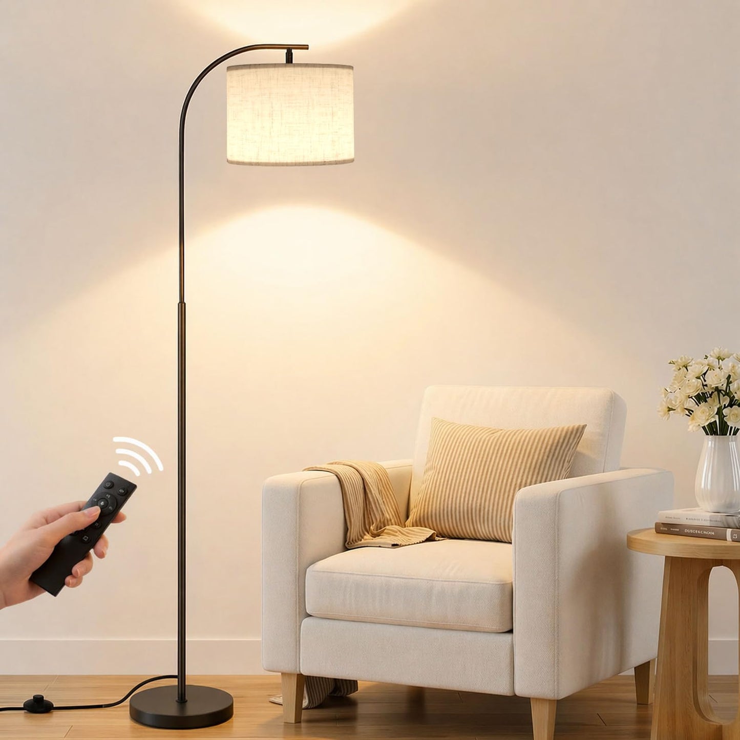 SIBRILLE Floor Lamp with Linen Shade, Arc Dimmable Tall Standing Lamp with Remote Control, Modern Floor Reading Light for Living Room Bedroom Office Corner, 9W LED Bulb Included