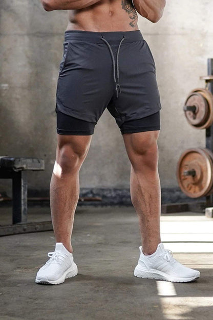 Superora Mens Running Gym 2 in 1 Sports Shorts Breathable Outdoor Workout Training Shorts with Pockets Grey