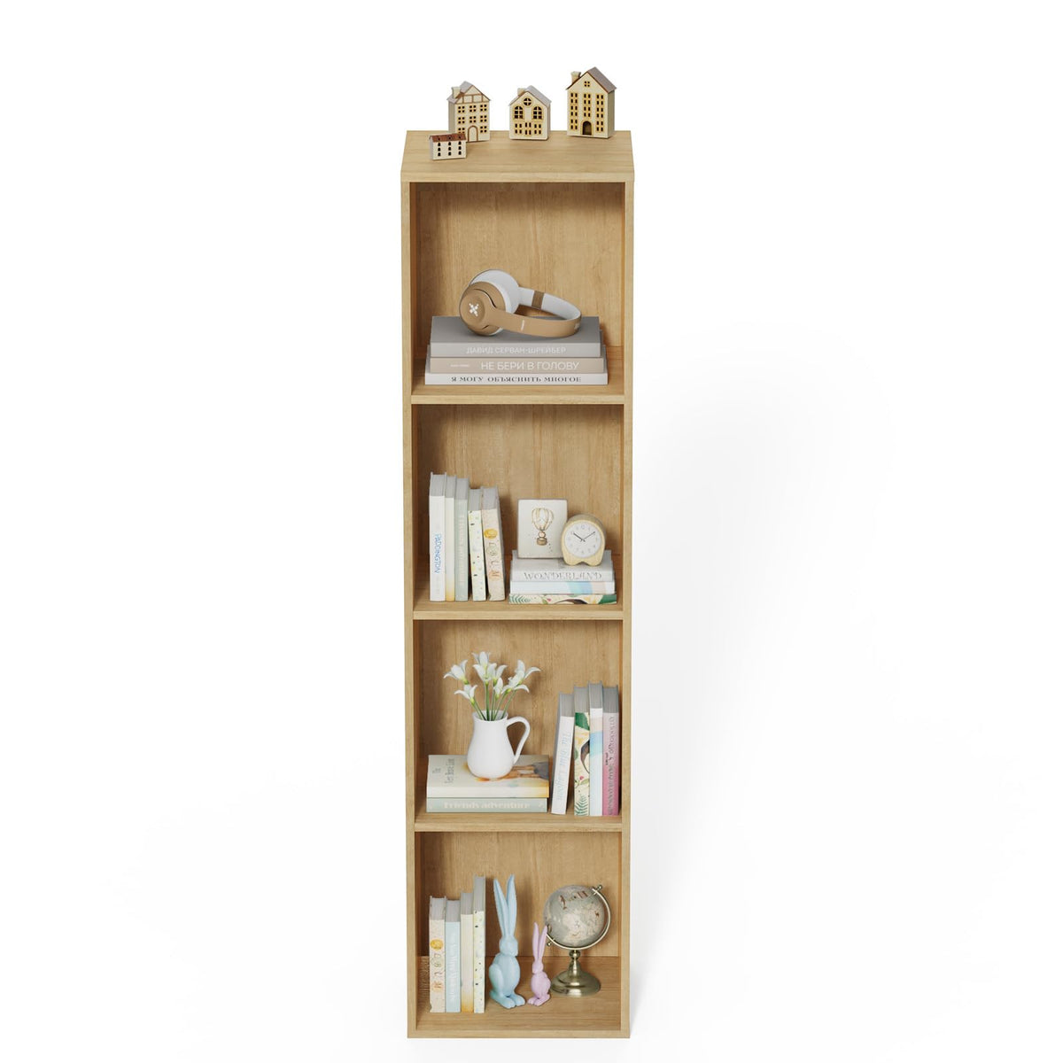 Nestwise 4 Tier Bookshelf, Freestanding Corner Storage Shelve Book Case for Narrow Space, 4 Cube Storage Organizer Small Bookcase for Home Office Living Room (Oak, 4 Cube)