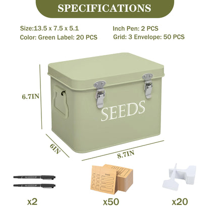 Ecopark Seed Storage Box, Professional All-in-one Kit with 2 Pens, 20 Plant Labels and 50 Seed Envelopes, Metal Storage Organizer, Saving Box, Seed Packet Container, Green
