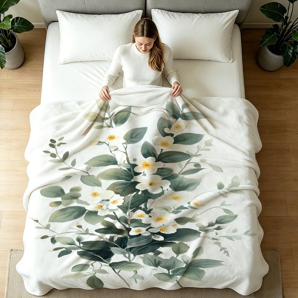 HUNXIAOJ Botanical Throw Blanket Green Leaves Blanket Plant and Floral Decor Botanical Bedding Warm Soft Flannel for Bed Sofa Couch (49in x 59in)