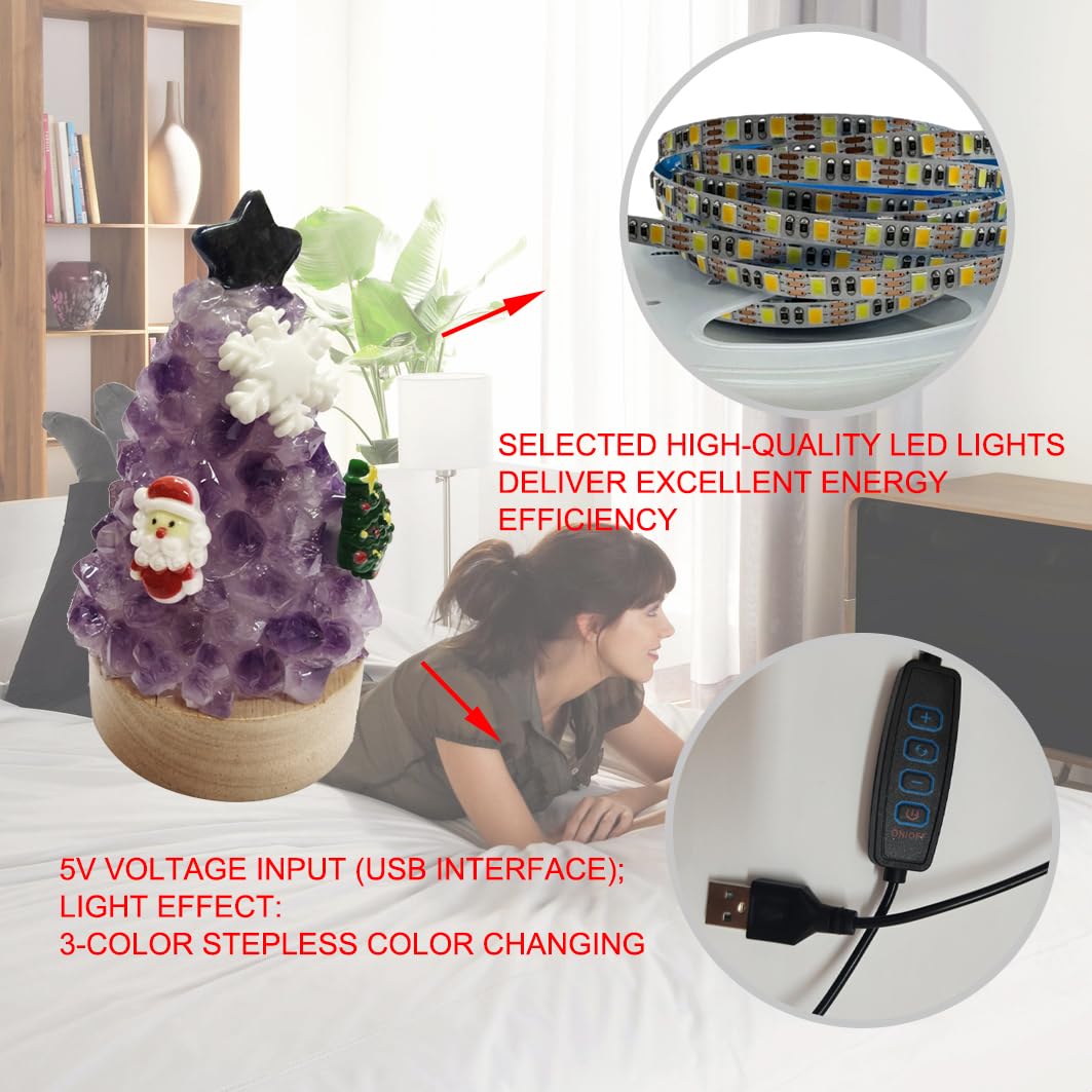 Youhot Natural Amethyst Crystal Tree Lamp - Healing Gemstone Pine Tree LED Night Light, 3.7 Inch Small Table Lamp with Wooden Base, Spiritual Home Office Decor, Zen Meditation Gift for Women & Men