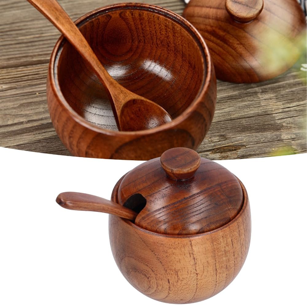 Anu Limen Wooden Sugar Bowl with Lid and Spoon - Spice Jar for Kitchen Pantry, Salt and Peppers Container, Rustic Brown Condiment Dispenser 3.5x3.3 in