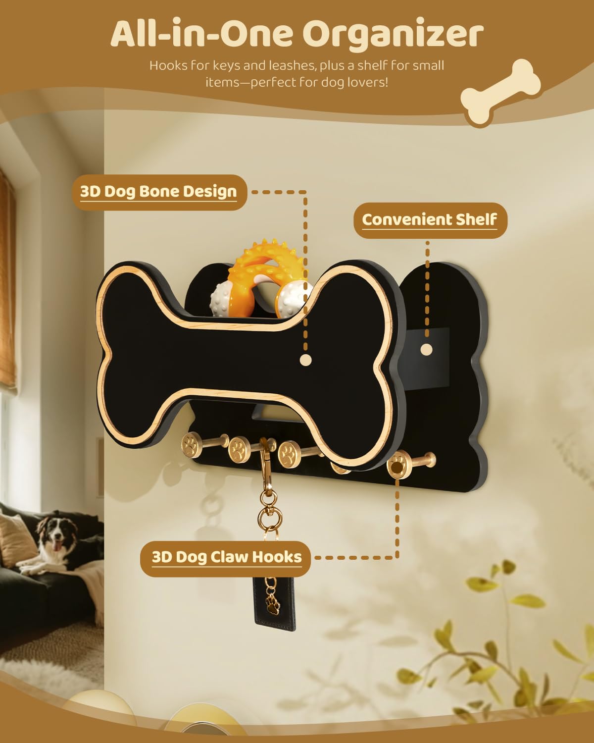 MTERSN Decorative Dog Leash Holder for Wall - Dog Stuff Organizer and Doggie Bone Key Holder Wall Mount with 5 Cute 3D Puppy Paw Hooks & Storage Shelf - Apartment Essentials (Black)