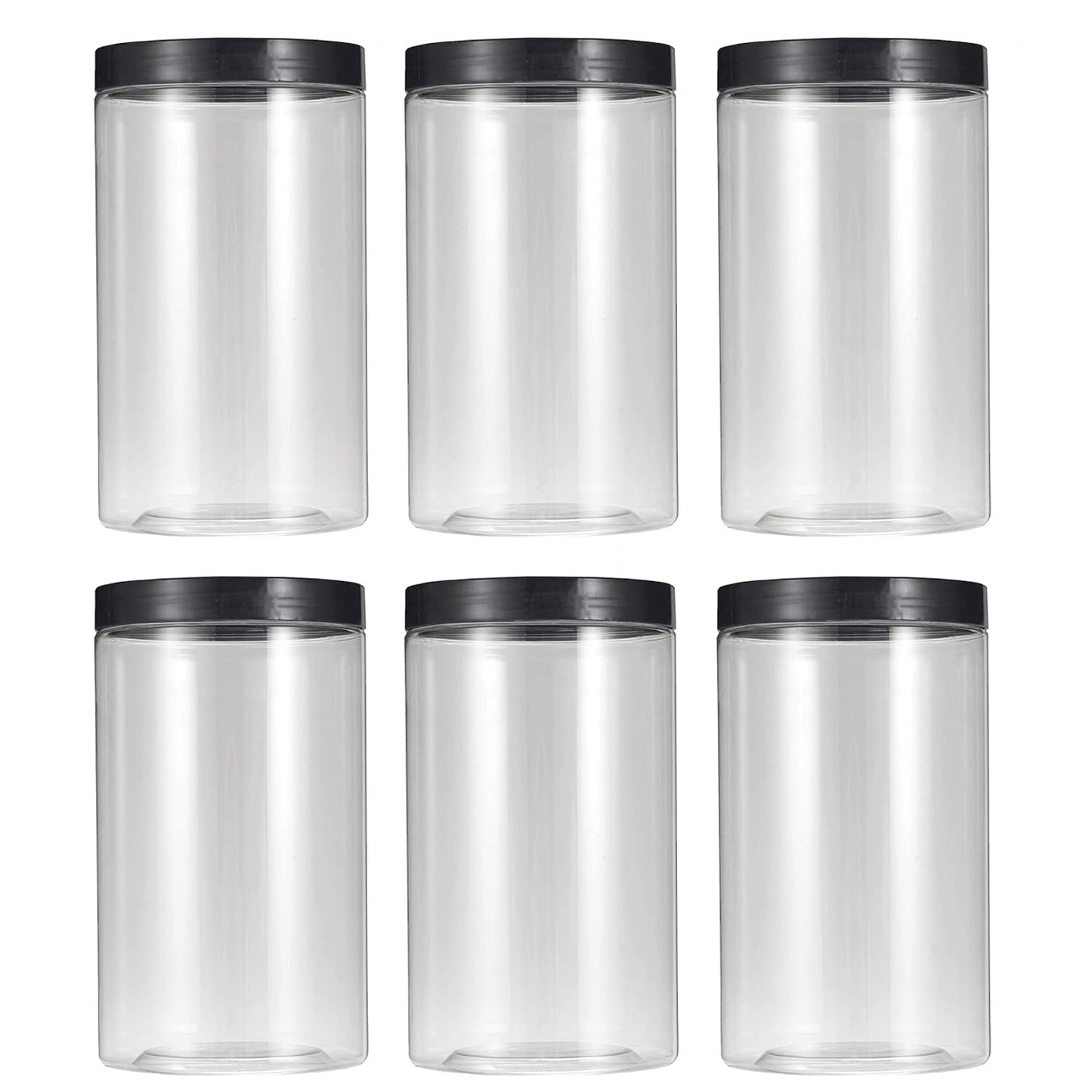 43oz (1280 ml) Clear Plastic Jars with Smooth Black Lids and Labels (6 Pack), Wide Mouth, BPA Free, PET Jars Bulk for Home & Kitchen Pantry Organization and Storage (Black)