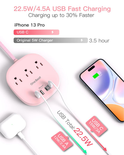 Flat Plug Power Strip, 6ft Ultra Flat Extension Cord - 3 Outlets 4 USB Ports (2 USB C) 22.5W/4.5A Desktop Charging Station, Power Strip No Surge Protection for Cruise Ship, Dorm Room Travel Essentials