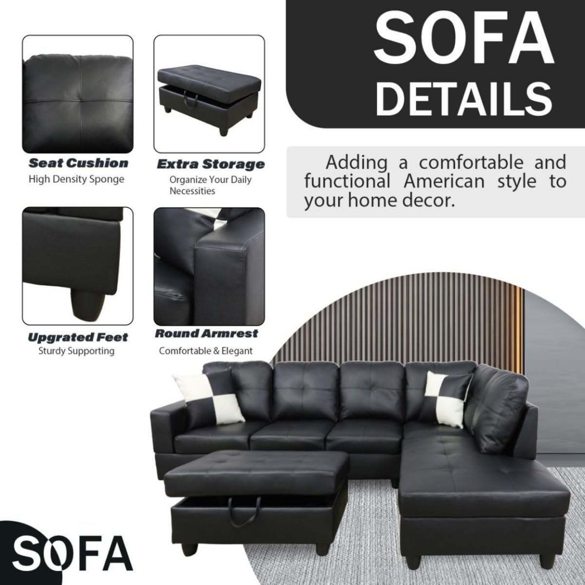UOCFYK Black L-Shaped 3-Piece Faux Leather Sofa with Storage Ottoman Set, Sectional Couch Leather-Like Sofa Set for Living Room, Office, Small Space