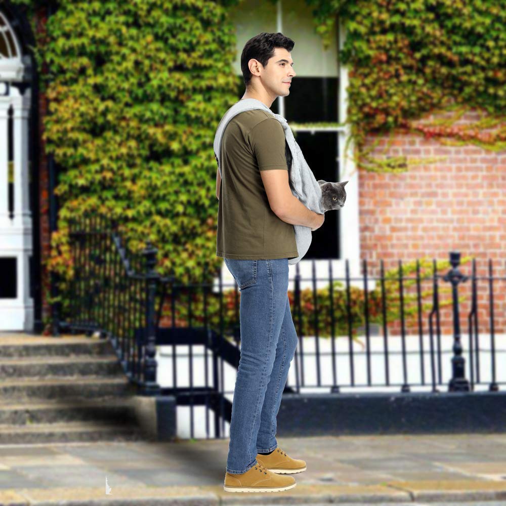 CUBY Puppy Dog Carrier, Pet Dog Sling Carrier for Small Medium Dogs Hands-free Sling Cat Carrier Comfortable Widen Shoulder Strap Double-sided Pouch Shoulder (Striped Grey, Cotton)