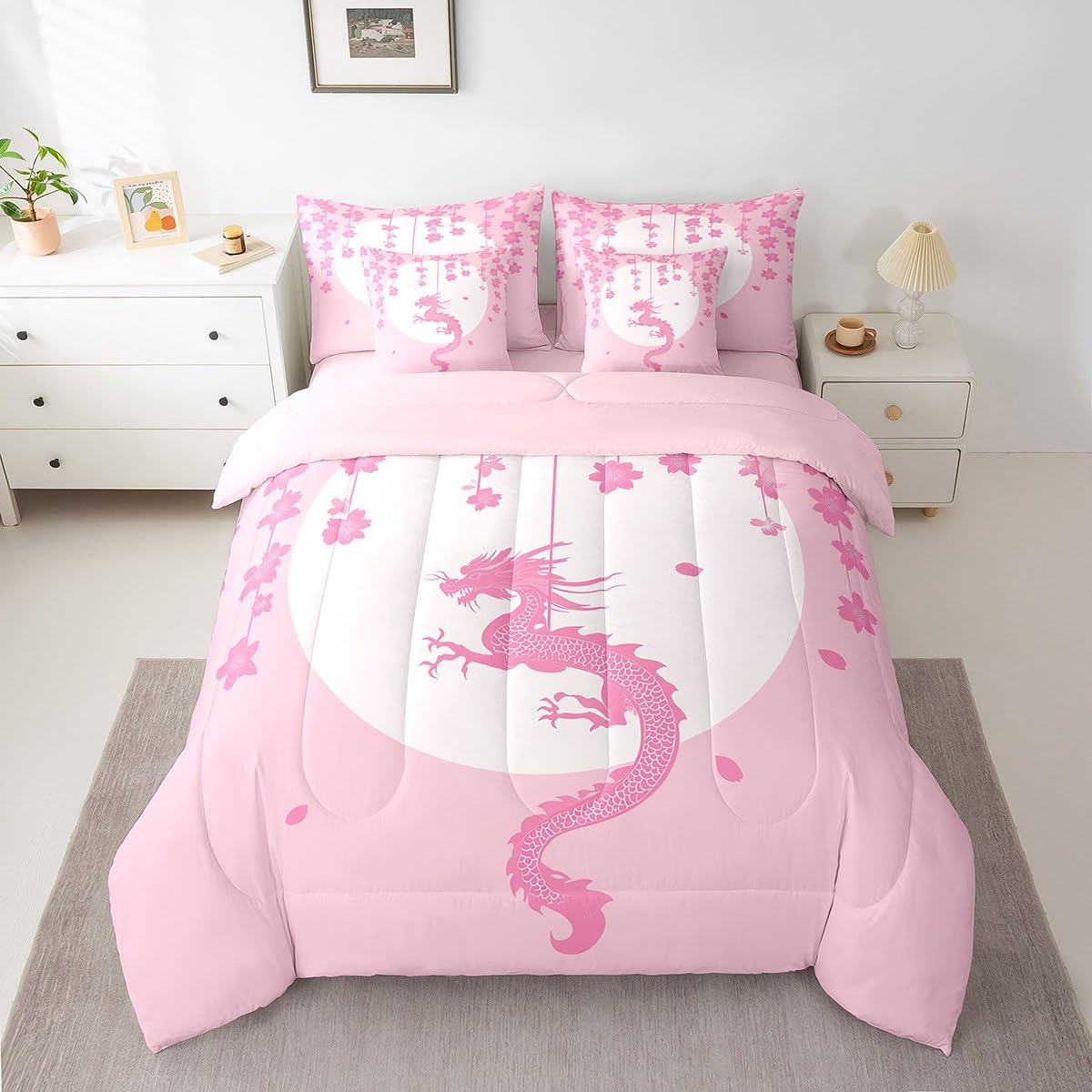Erosebridal Pink White Kawaii Bedding Set for Kids Girls Teen Women,Fantasy Animal Dragon Twin Comforter Set 7 Piece Magical Wildlife Bed in A Bag Aesthetic Romantic Cherry Blossom Bed Set