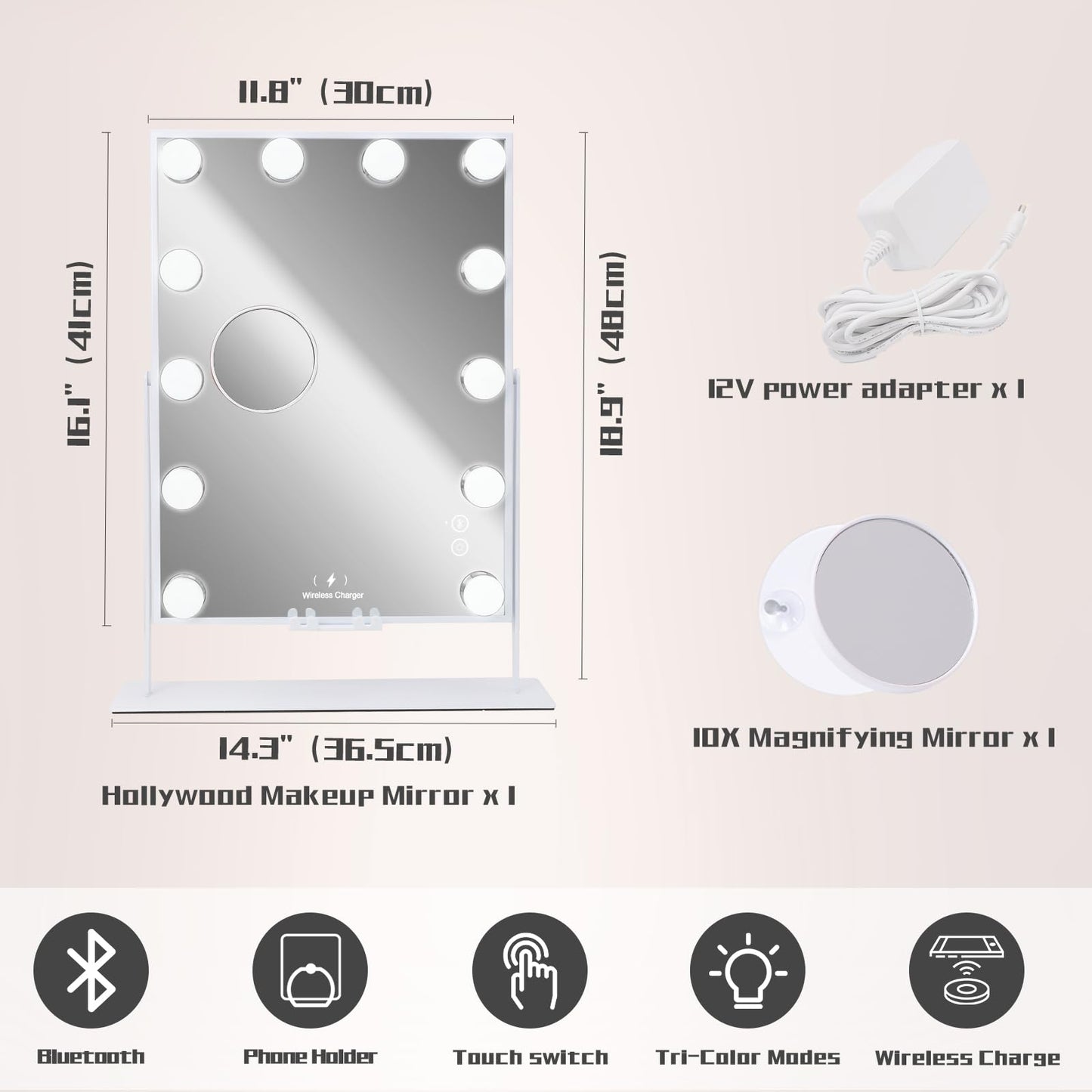 COOLJEEN Makeup Mirror Vanity Mirror with Lights - 12 Led Bulbs Lighted Hollywood Mirror, 10X Magnification,3 Color Modes, Touch Control, Women Gift (White)