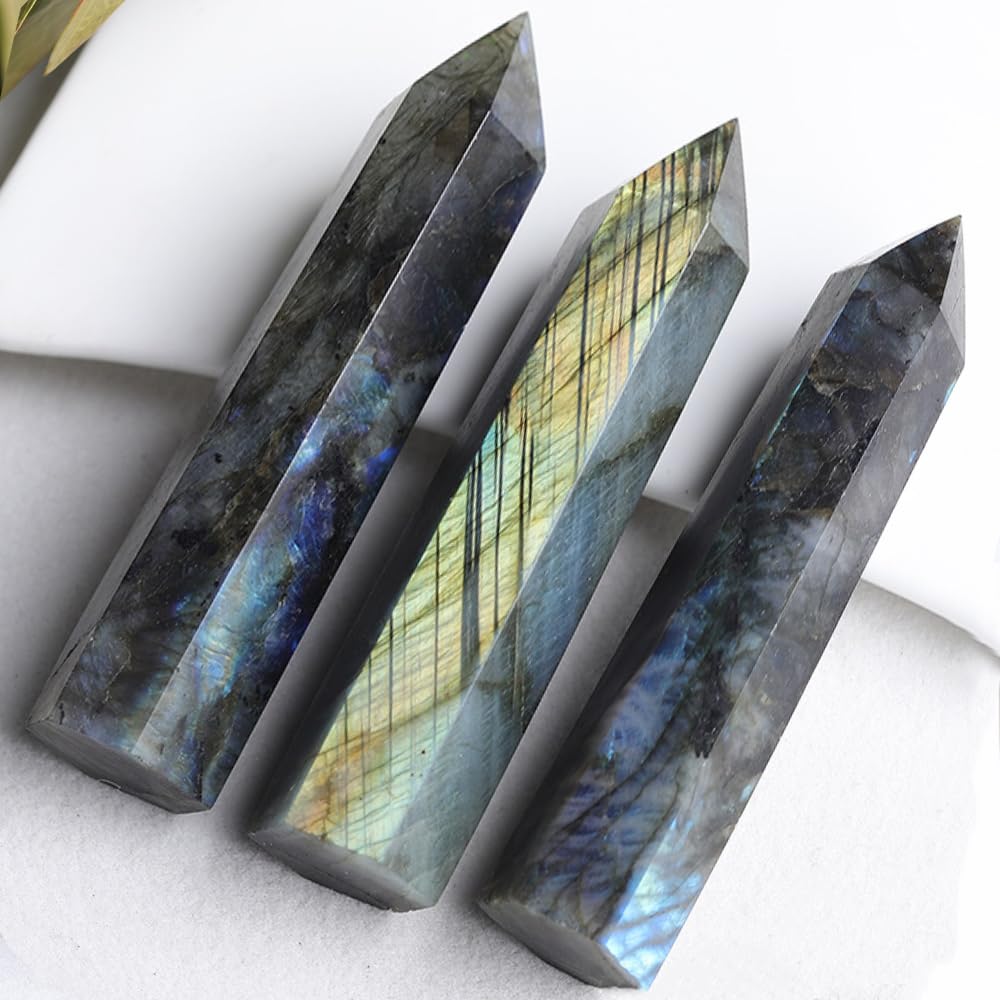 Natural Stone and Crystals Point Wand Reiki Healing Stone Rose Quartz Amethyst Home Decor Mineral Stones Crafts (5.9inch Wand Labradorite)