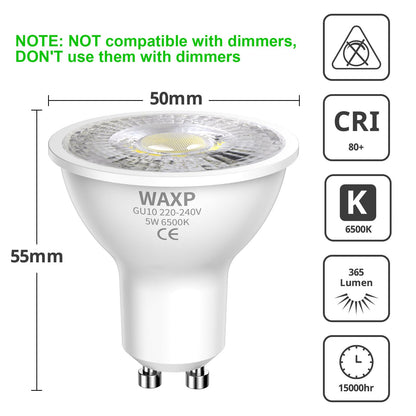 GU10 LED Spotlight Bulbs 5W, Cool White, 6500K, 365lm, No Flickering, Energy Saving Led Bulbs, Equivalent 40-50W GU10 Halogen Spot Light Bulbs, Non-Dimmable,10 Pack