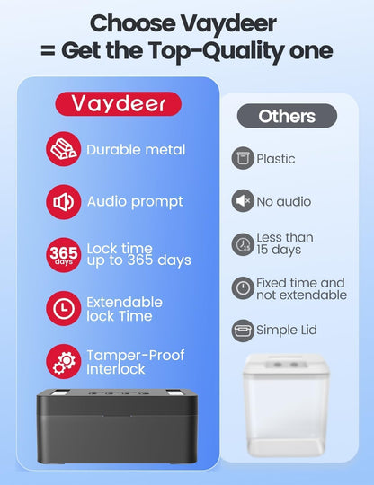 Vaydeer Metal Time Lock Box, Phone Lock Box with Timer, Timed Locking Safe, Self-Control Container with USB C Charge,Child Lock, Audio Prompt, Time Release Storage Locker for Phone/Medicine