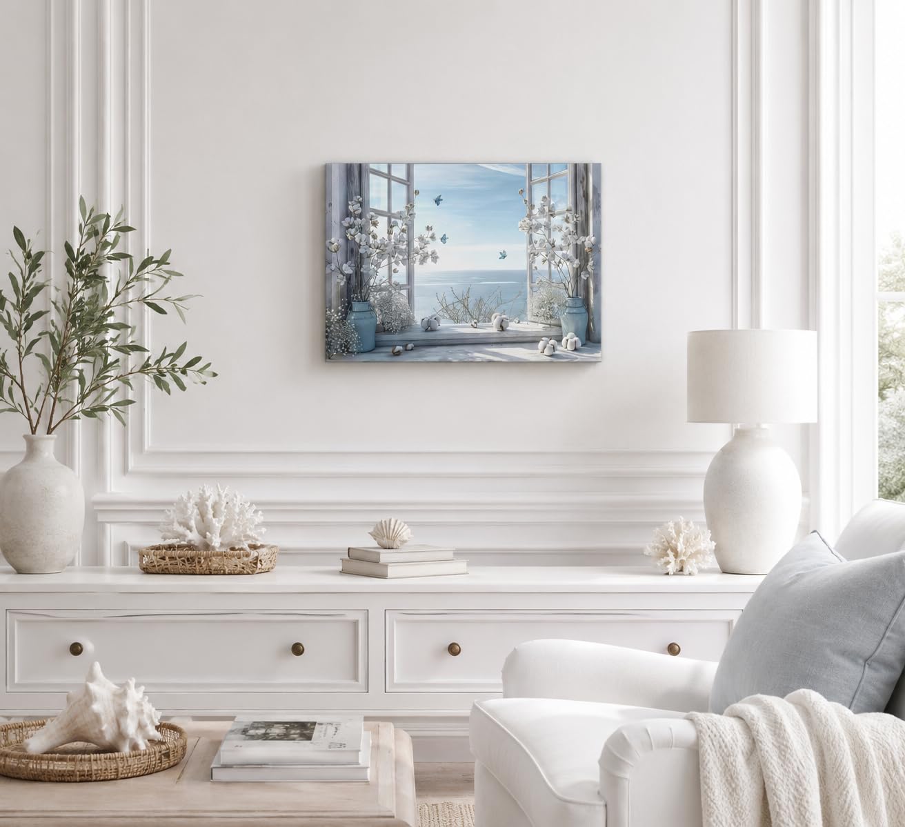Coastal Flower Bathroom Canvas Wall Art Farmhouse Cotton Bouquet and Butterfly Bathroom on Window Wall Decor Rustic Blue Beach Butterfly Poster Print for Living Room Bedroom Restroom Home Decoration