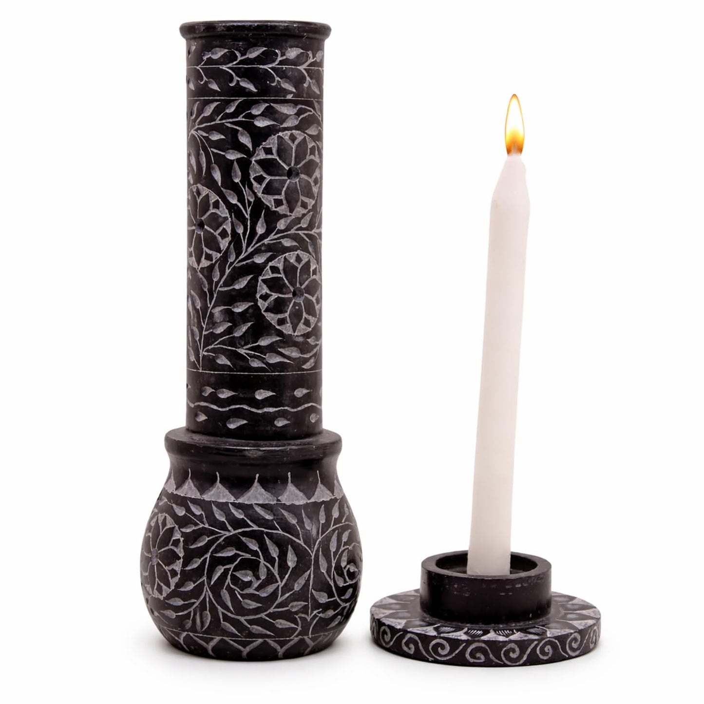 KC KULLICRAFT Hand Carved Marble Soapstone Incense Stick Holder – Black Incense Burner with Ash Catcher Base, Tea Light & Camphor Holder, Decorative Home & Puja Decor (3 x 3 x 10 Inch).