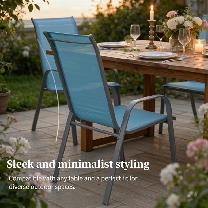 MAMIZO Patio Dining Chairs, Stackable All Weather Teslin Chair, Heavy Duty Outdoor Breathable Chairs Set, w/Armrests, Upgraded Chair FeetW/Strenthened Iron Spacers, 330 LBS (4, Turquoise Blue)