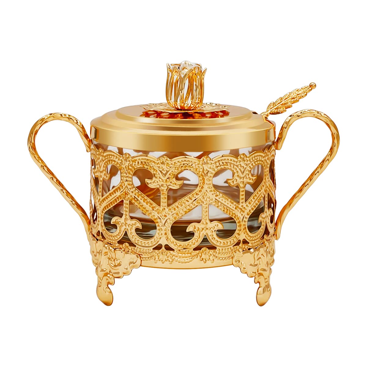 Flylin Sugar Bowl, Turkish Sugar Bowl Sugar with Sugar Spoon and Lid Dual Holder Bowl Condiment Pot Spice Glass Jar Coffee Bar Accessories Sugar Container for Home and Kitchen