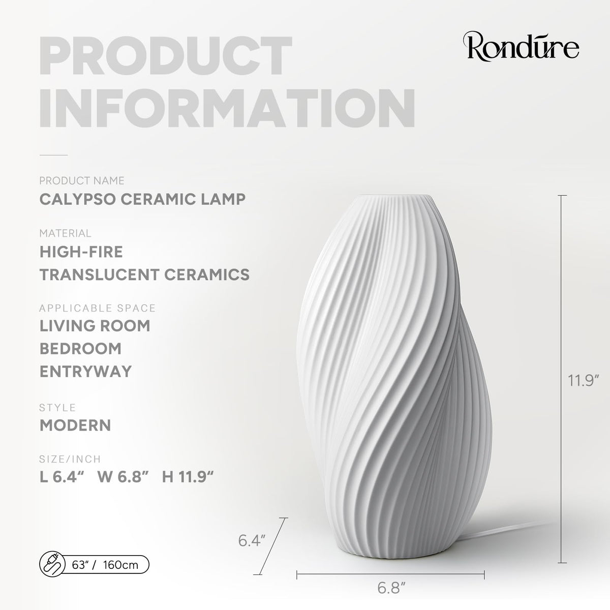 RONDURE 11.9" Modern Ceramic Table Lamp, Fully Dimmable Bedside Lamp for Bedroom Living Room Nightstand, White Translucent Ceramic Shade, Warm Ambient Decorative Corded Lighting, Bulb Included