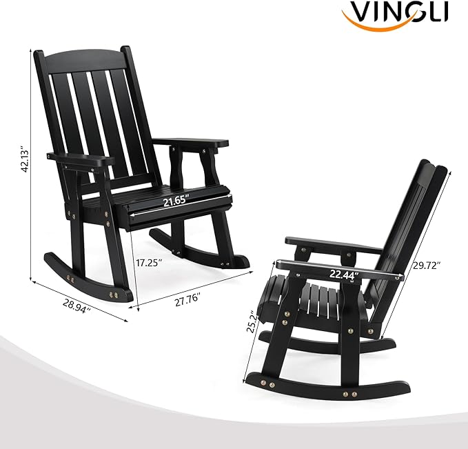 VINGLI Heavy Duty 600 LBS Outdoor Wooden Rocking Chair with Higher Backrest,Patio Rocking Chair with Ergonomic Design, Weatherproof Outdoor Rockers Suit for Patio, Garden, Balcony, Yard, Black