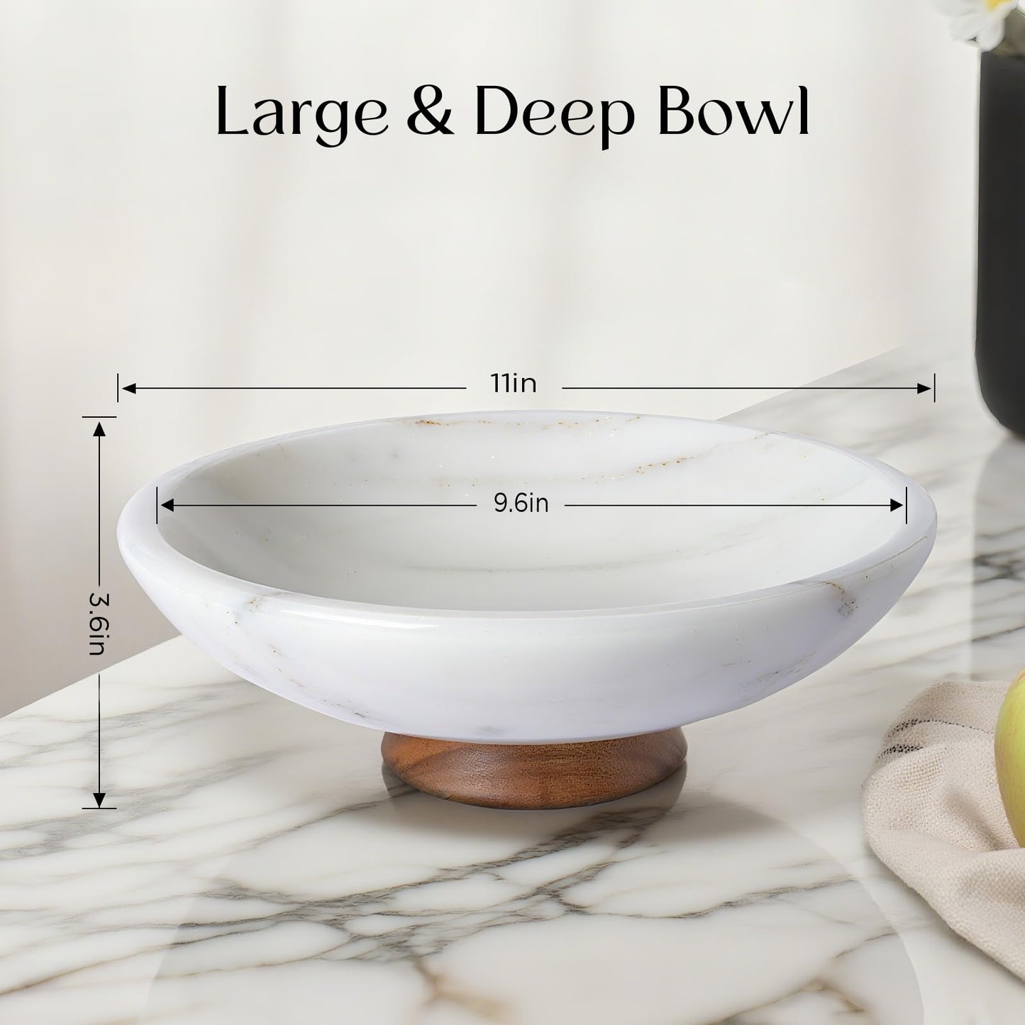SAMAH White Marble Fruit Bowl with Acacia Wood Pedestal, Large Decorative Footed Bowl, Natural Stone Centerpiece for Kitchen Counter, Entryway, Keys, Dining Table, House Warming Gifts New Home(11Inch)